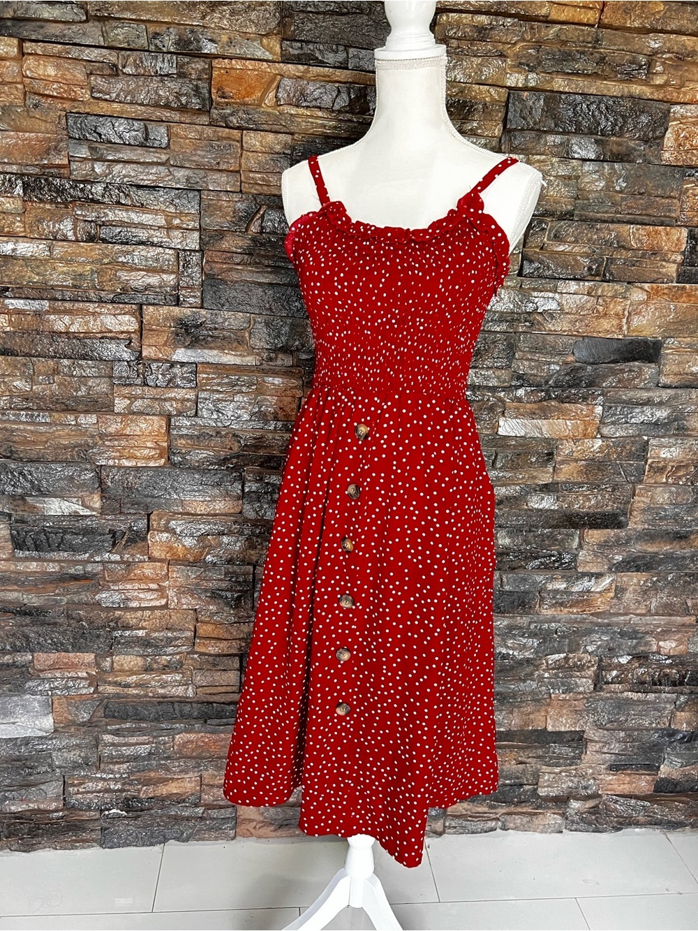 Red Polka Dot Midi Sundress with Button Front - Picture 2 of 16
